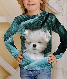 abordables -Fille 3D Chien T-shirt manche longue Printemps Automne Mode Basique Enfants 4-12 ans Col Rond Extérieur Occasionnel Quotidien Coupe régulière