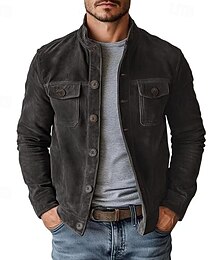 お買い得  -男性用 フェイクスエードジャケット ウィンドブレーカー ブラウン スエード ジャケット カジュアル カジュアル／普段着 ウィンドブレーカー ポケット 平織り 秋 冬 春 & 秋 純色 ヴィンテージ ファッション スタンド レギュラー ブラウン グリーン カーキ色 ダックグレー ジャケット