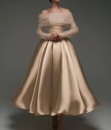 olcso -Ball Ruha Sátán A-vonalú Koktél Elegáns Ruhák Formális Esküvő Bokáig érő Hosszú Ujjú Váll nélküli Levehető Sállel