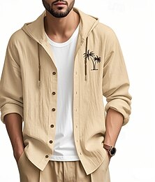 economico -Per uomo Camicia Camicia di lino Camicia casual Camicia con Bottoni Camicia di cotone Albero di Cocco Vacanza Camicia hawaiana Nero Bianco Azzurro cielo Cachi Manica Lunga Con Cappuccio Primavera
