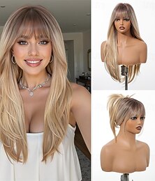 halpa -pitkät vaaleat suorat peruukit otsatukalla pitkät ombre-vaaleat synteettiset kerrostetut peruukit naisille päivittäiseen käyttöön 26 tuumaa