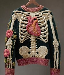 billiga -Dam Tröja söt stil Streetwear Ledigt Grafisk Skelett Rund hals Lappverk Stickat Långärmad Vanliga toppar Sticka Halloween Rodnande Rosa Höst Vinter