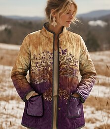 ieftine -Pentru femei Jachete Iarnă Geaca matlasata Cald Ușor Imprimeu Elegant Epocă Stil boho vintage Vacanță Casă Casual Regulat Guler de stand Fit regulat Manșon Lung Îmbrăcăminte exterioară Galben Mov