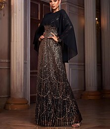 voordelige -A-lijn Tot de grond Baljurk met cape Avondjurken Formele kleding Elegant Glitter Mouwloos Strakke ronde hals Formeel Bruiloft Pailletten met Ruches Pailletten Split