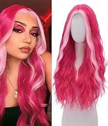 economico -parrucca rosa shocking - parrucche rosa lunghe per donne, parrucca sintetica ondulata naturale, parrucche in fibra resistente al calore per feste quotidiane, cosplay di Halloween