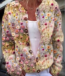 preiswerte -Damen Strickjacke Täglich Blumen Grafik Gerippt Rundhalsausschnitt Knöpfe Druck Langarm Normale Oberteile Stricken Outdoor Wochenende Rosa Grün Frühling Herbst