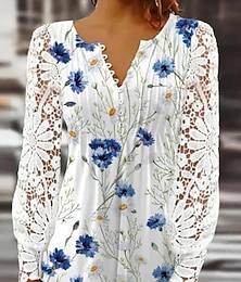 abordables -Femmes Chemise en Dentelle Chemisier Fleuri Élégant Basique Occasionnel manche longue Col en V Hauts Réguliers Quotidien Dentelle Boutons Imprimé Blanche Bleu Bleu Ciel Violet Printemps Automne