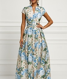 abordables -Robe de Soirée A-Line Élégante Robe Formelle Invité de Mariage Longue au Sol Manches Courtes Décolleté en V Satin avec Imprimé Floral Robe Invité de Mariage