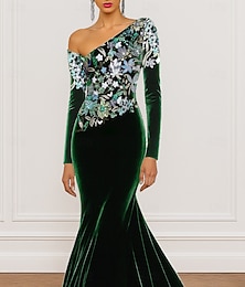 abordables -Robe de soirée sirène verte / trompette élégante robe de soirée formelle mariage longueur au sol manches longues une épaule velours avec appliques de broderie 2025