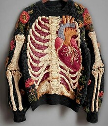 abordables -Pull pour femmes squelette mignon streetwear décontracté graphique de squelette col rond patchwork tricoté manches longues hauts réguliers tricoté noir automne hiver