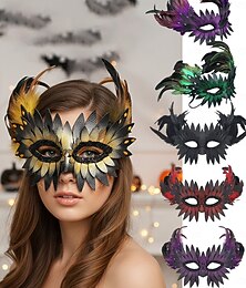 billiga -Dammaskeradmask med fjäder och färgglad plymdesign, elegant kostymtillbehör för Halloween-fest och cosplay