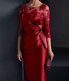 economico -Abito da sposa a tubino per madre della sposa abito per invitati al matrimonio elegante scollatura illusion lunghezza ginocchio satin pizzo maniche 3/4 con applicazioni arricciature taglia