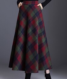 olcso -Női Szoknya A-vonalú Elegáns Divat Maxi Magas derék Szoknyák Kockás Zseb Nyomtatott Mikroelasztikus Karácsony Utca Rubin Medence Lóhere Khakizöld Tavasz Poliészter