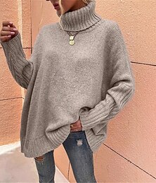 abordables -Femmes Pull Mode Streetwear Occasionnel Couleur Unie Côtelé Col roulé Tricoté manche longue Hauts Réguliers Tricoter Extérieur Quotidien Week-end Kaki Automne Hiver