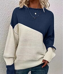 abordables -Femmes Pull Occasionnel Doux Couleur Unie Côtelé Col ras du cou Patchwork Tricoté manche longue Hauts Réguliers Tricoter Extérieur Quotidien Week-end bleu marine Marron Automne Hiver