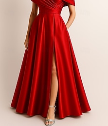 abordables -Ligne A Robe de Soirée Élégant Robe de soirée Formel Mariage Longueur au sol Sans manches Épaules Dénudées Satin Extensible avec Plis Froncé Fente 2025