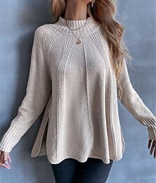 billiga -Dam Tröja Mode Ledigt Ensfärgat Ribbad Rund hals Mock Neck Stickat Långärmad Vanliga toppar Sticka Utomhus Dagligen Helgen Vinrött Svart Höst Vinter