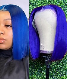 abordables -Perruque courte en dentelle Bobo bleue # 13*4, cheveux humains raides, densité 150 % pour femmes noires