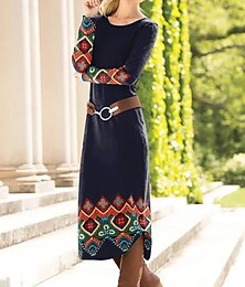 ieftine -Pentru femei Rochii Midi Rochie teacă Rochie de schimb Petrecere Casual Boho Petrecere Invitat la nunta Zilnic Fit regulat Grafic Geometric Imprimeu Paisley Manșon Lung Stil Nautic Bleumarin Negru