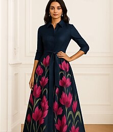 economico -Linea ad A Lunghezza al pavimento Abito Formale Abito da sera Manica Lunga Colletto a Camicia Elegante Vintage Formale Raso Abito da cerimonia per signora con Fiocco/Fiocchi Stampa