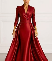 abordables -Vestido de esmoquin Corte A Vestido alto-bajo Formal Boda Invitado a la boda Satén elástico Elegante Manga 3/4 plisada Hasta el Suelo Solapa de Muesca Botonadura Doble