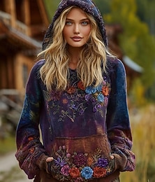 levne -Dámské Mikina s kapucí s kapucí Květinový Grafika Vinobraní Na běžné nošení Cikánský Dlouhý rukáv Kapuce Běžné topy ulice Na den Slátanina Tisk Přední kapsa Fialová Jaro Podzim Zima