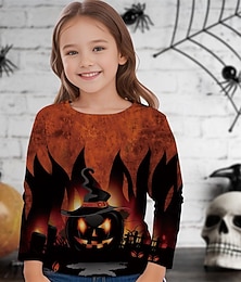 economico -Halloween Ragazze 3D Zucca Maglietta Manica Lunga Primavera Autunno Moda Essenziale Bambini 4-12 Anni Girocollo All'aperto Casuale Quotidiano Vestibilità regolare