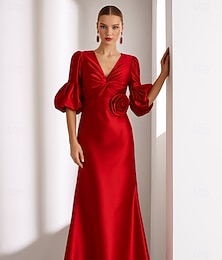 abordables -Robe de soirée trapèze rouge et noire, élégante robe de soirée formelle, longueur au sol, manches mi-longues, col en V, ceinture / ceinture en satin avec fronces 2025