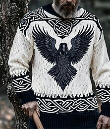 preiswerte -Herren Tiermotiv Adler Wikinger Pullover Strickware Rundhalsausschnitt Retro Vintage Lässig Urlaub Straße Täglich 3D-Druck Stricken warm halten Langarm Frühling Herbst Winter Weiß Blau Purpur