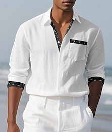 abordables -Hombre Camisa Camisa de lino Camisa casual Abotonar la camisa Remera de algodón Bloque de color Vacaciones Hawaiano Negro Blanco Azul Marino Caqui Manga Larga Diseño Primavera Otoño Ropa Retazos