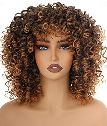 abordables -Perruques bouclées noires/brunes de 14 pouces pour femmes, perruques afro courtes et crépues bouclées avec frange, perruque en cheveux synthétiques naturels, doux, rebondissants et résistants à la