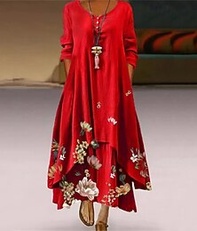 Недорогие -Жен. длинное платье платье макси Повседневное платье Платье с принтом Элегантный стиль Мода Классика на открытом воздухе Отпуск Праздники Стандартный Цветы Длинный рукав V-образный вырез Красный