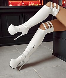 economico -stivali alti fino alla coscia con plateau bianco da donna e cinturini con fibbia - tacchi a spillo sexy per la vita notturna e l'abbigliamento da discoteca &abiti da festa