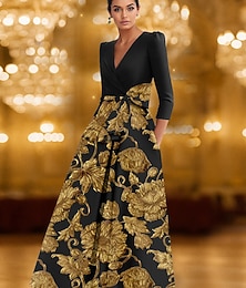 billiga -Svart och guld blommig jacquard a-linjeformad cocktailklänning elegant formell klänning formell bröllop te-lång 3/4-ärm v-ringning stretchig satin med rosett(er) 2025