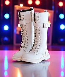preiswerte -Von koreanischen Idols inspirierte Popstar-Kostümschuhe. Weiße, kniehohe Schnürstiefel für Mädchen mit dicker Sohle. Modisches Performance-Schuhwerk für Tanz- und Bühnenoutfits.