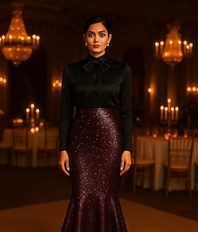 ieftine -Rochie de seară elegantă, tip sirenă / trompetă, rochie formală, nuntă formală, lungime până la podea, fără mâneci, decolteu înalt, rochie-cămașă din satin elastic, cu fundă(e) și paiete 2025