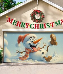 abordables -Housse de porte de garage de Noël 2025 Noël avec un bonhomme de neige et des oiseaux scène d'hiver bannière de fond décoration de garage pour la fête de jardin en extérieur des vacances