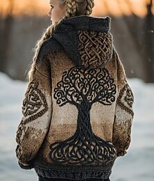 abordables -Cardigan viking bohème vintage pour femme, style ethnique, dégradé de couleurs géométrique, côtelé, capuche, poches, boutons, imprimé, manches longues, hauts longs, tricot, extérieur, week-end,