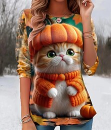 Недорогие -Halloween Жен. Футболка Графика Животное Кот Винтаж Симпатичные Стиль Стиль Длинный рукав Вырез под горло Круглый вырез Обычные топы Повседневные С принтом Черный Светло-коричневый Оранжевый