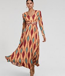 abordables -robe col en V à imprimé floral géométrique en satin pour femme, tenue de vacances décontractée