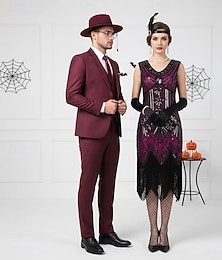 abordables -Rétro Vintage Années Folles Années 1920 Midi Robe Charleston Costume élégant Costumes de Groupe pour Couples d'Halloween Gatsby le Magnifique Paillettes Frange à pompons Déguisement Homme Femmes