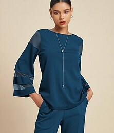 abordables -Haut bleu pour femme, col ras du cou, manches longues, manches 3/4, manches illusion, élégant, contemporain, décontracté, quotidien, rendez-vous, sortie, printemps, automne