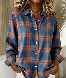Недорогие -Жен. Рубашка Блуза В клетку На каждый день Длинный рукав Рубашечный воротник Обычные топы Повседневные Пэчворк Пуговицы С принтом Черный Розовый Красный Синий Пыльно-синий Осень Зима