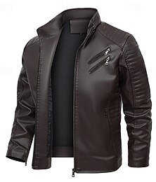 お買い得  -男性用 レザージャケット バイカージャケット オートバイのジャケット バケーション 日常 防風 保温 ポケット 秋 冬 平織り ファッション クラシック スタンド レギュラー ブラック ブラウン ジャケット