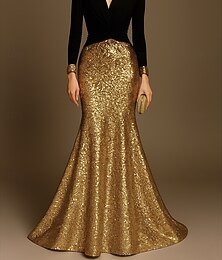abordables -Sirène / Trompette Robe de Soirée Élégant Robe de soirée Formel Mariage Longueur au sol Demi Manches Col en V Pailleté avec Paillettes 2025