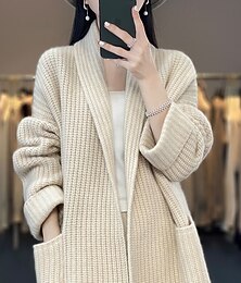 preiswerte -Damen Pullover Strickjacke Streetwear Lässig Einfarbig Hemdkragen Tasche Gestrickt Langarm Lange Oberteile Stricken Ferien Ausgehen Wochenende Kamel Beige Herbst Winter