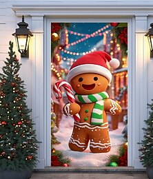 billige -Juledørtrekk, høytidsgardindekorasjon, vintertema-gardiner med søt pepperkakemann og sterkt neonlystrykk, stort stoffpanel, festlig hjemmedekor til stue, soverom, entré