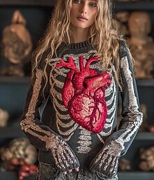 abordables -Pull femme squelette mignon streetwear décontracté graphique squelette col rond patchwork tricoté manches longues hauts réguliers tricot noir rouge automne hiver