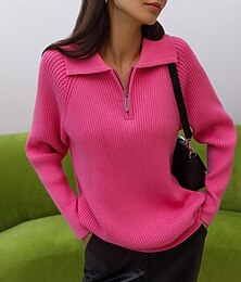 preiswerte -Damen Pullover Lässig Weich Einfarbig Gerippt Hemdkragen Gestrickt Langarm Normale Oberteile Stricken Outdoor Täglich Wochenende Rosa Rote Herbst Winter
