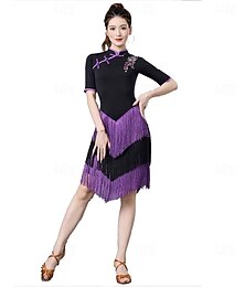 preiswerte -Fransen-Latin-Tanz-Wettbewerbskleid für Frauen, Cheongsam, Quasten, Ballsaal, Walzer, Cha-Cha, Salsa, Übungsrock